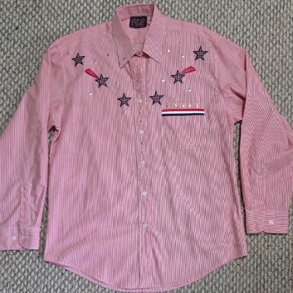 p.g.b. Tops - Women's Pink Striped Button Down Shirt with Star Embroidery